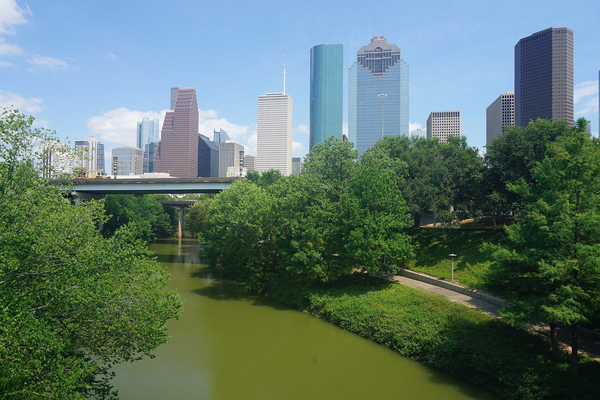 Buffalo Bayou Park trails with downtown Houston in the background