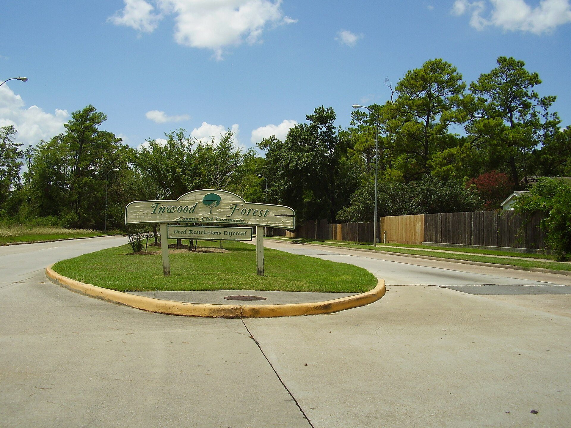 Landscaped entrance to Inwood Forest in northwest Houston