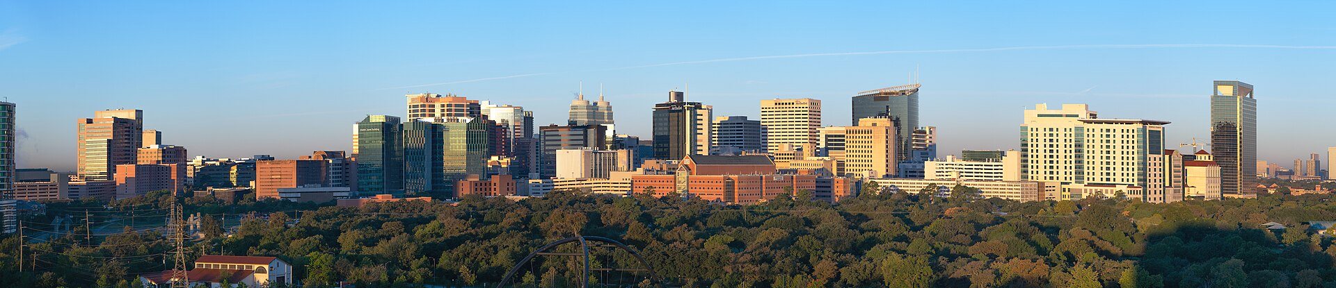 Texas Medical Center skyline with Hermann Park in the foreground