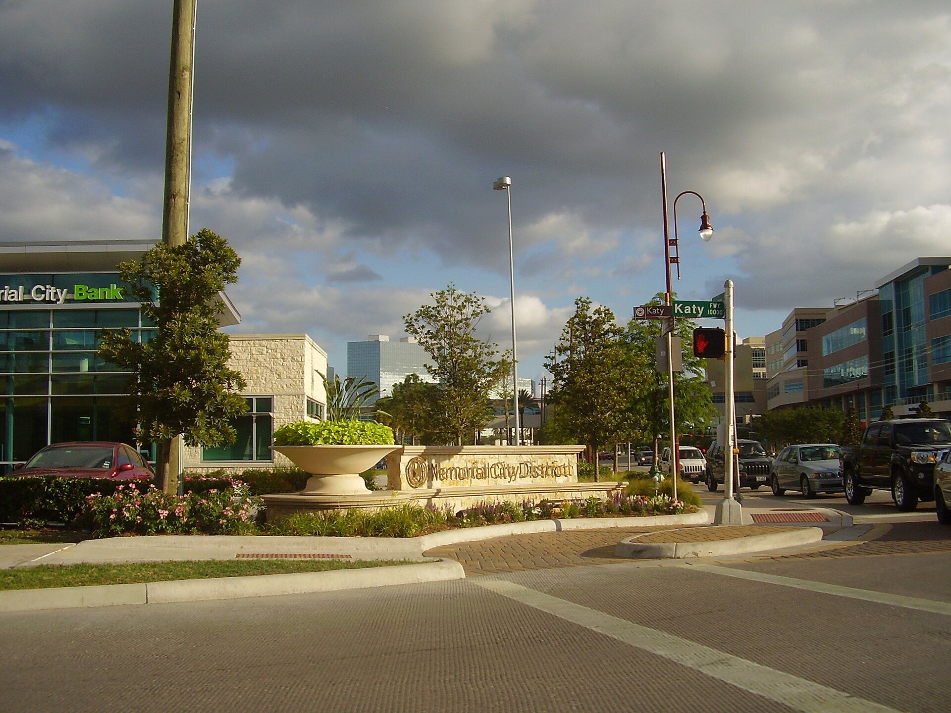 Landscaped Memorial City District streetscape in west Houston