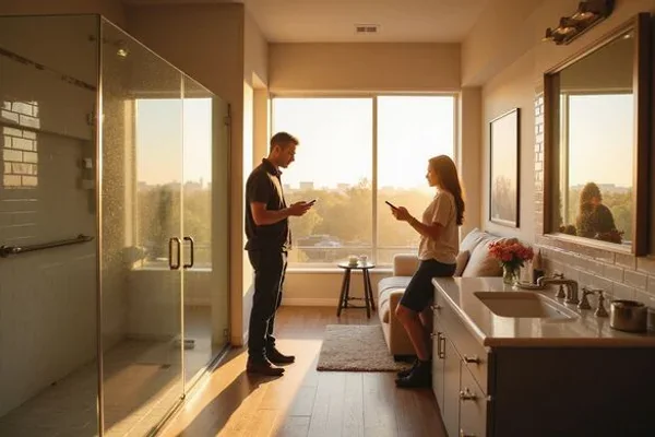 Walk-in shower with a grab bar in a Houston 55+ apartment bathroom