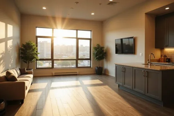 Illustration of an empty apartment living room with large windows