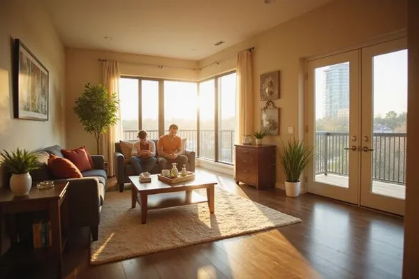 One bedroom apartment living room with an open floor plan