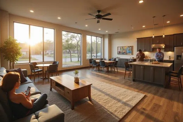 Clubhouse activity room with tables and chairs at a Houston senior apartment community