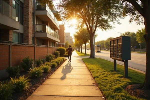 Apartment walkway near a Houston freeway access road