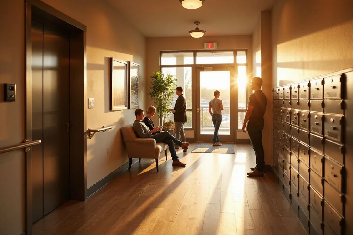 Elevator lobby with a wide hallway and handrails in a Houston mid-rise 55+ apartment building