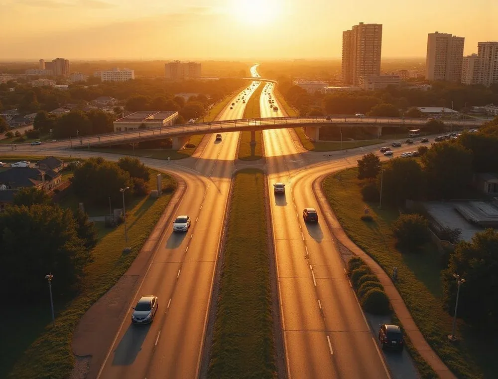 Illustration of a freeway interchange at sunset