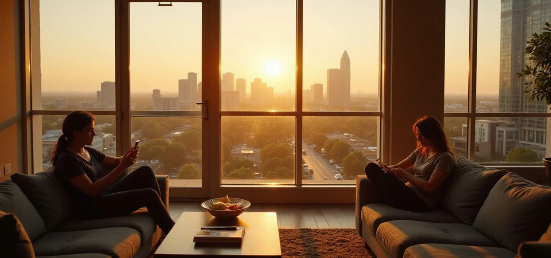 Houston skyline viewed through full height apartment windows at golden hour