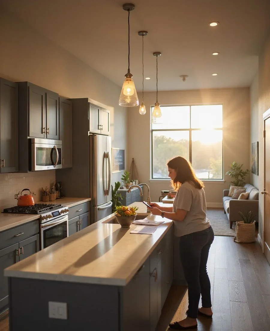 Illustration of a renter reviewing paperwork at a kitchen counter