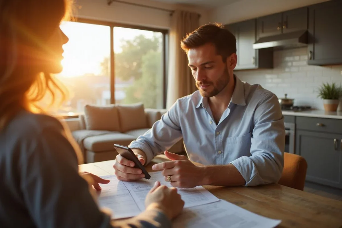 Houston renter at a kitchen table comparing a monthly budget against apartment rent and fees