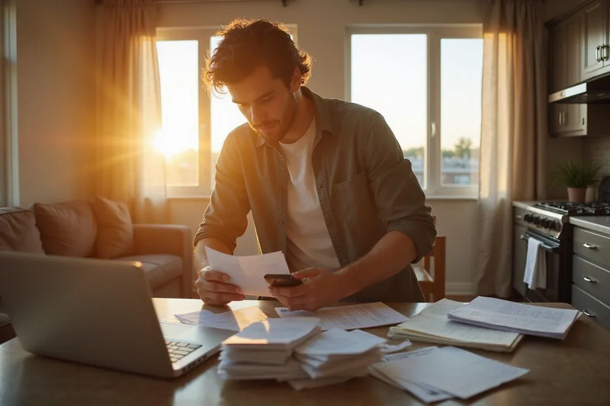 Houston renter sorting pay stubs and benefit letters for a tax credit apartment income certification