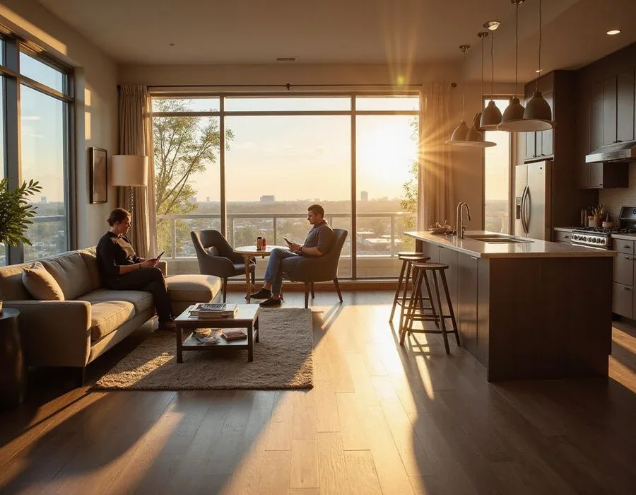 Illustration of a sunlit apartment living room